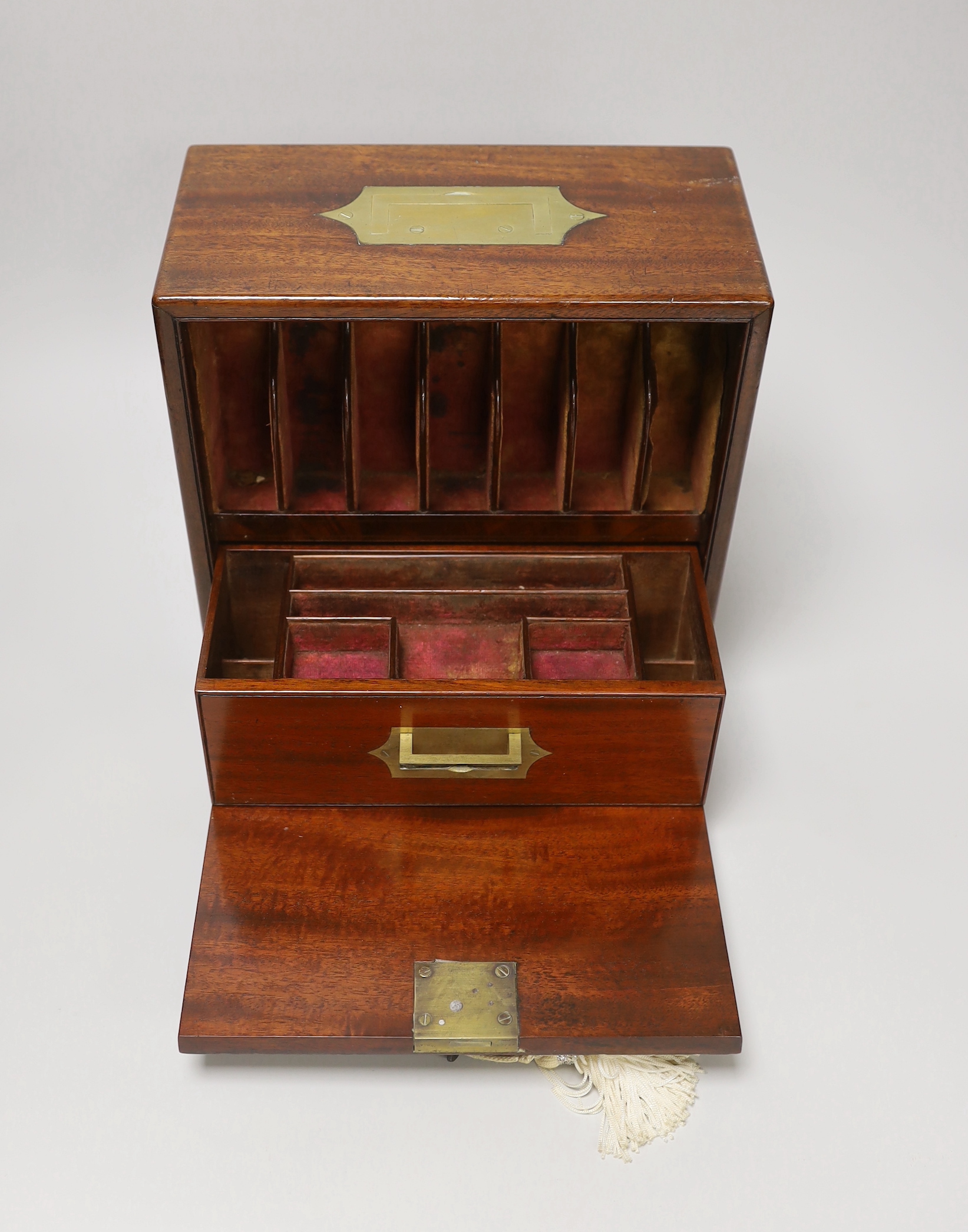 A 19th century mahogany and brass mounted double sided apothecary box, 23cm tall